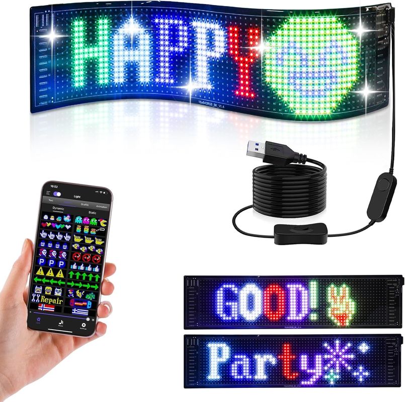 Programmable Led Sign, 15''x4'' Pre-made Animations & Customizable Text Led Car Sign, Bluetooth APP Control Scrolling LED Sign, Custom,Graffiti Flexible Led Matrix Panel for Car Store Hotel Holiday